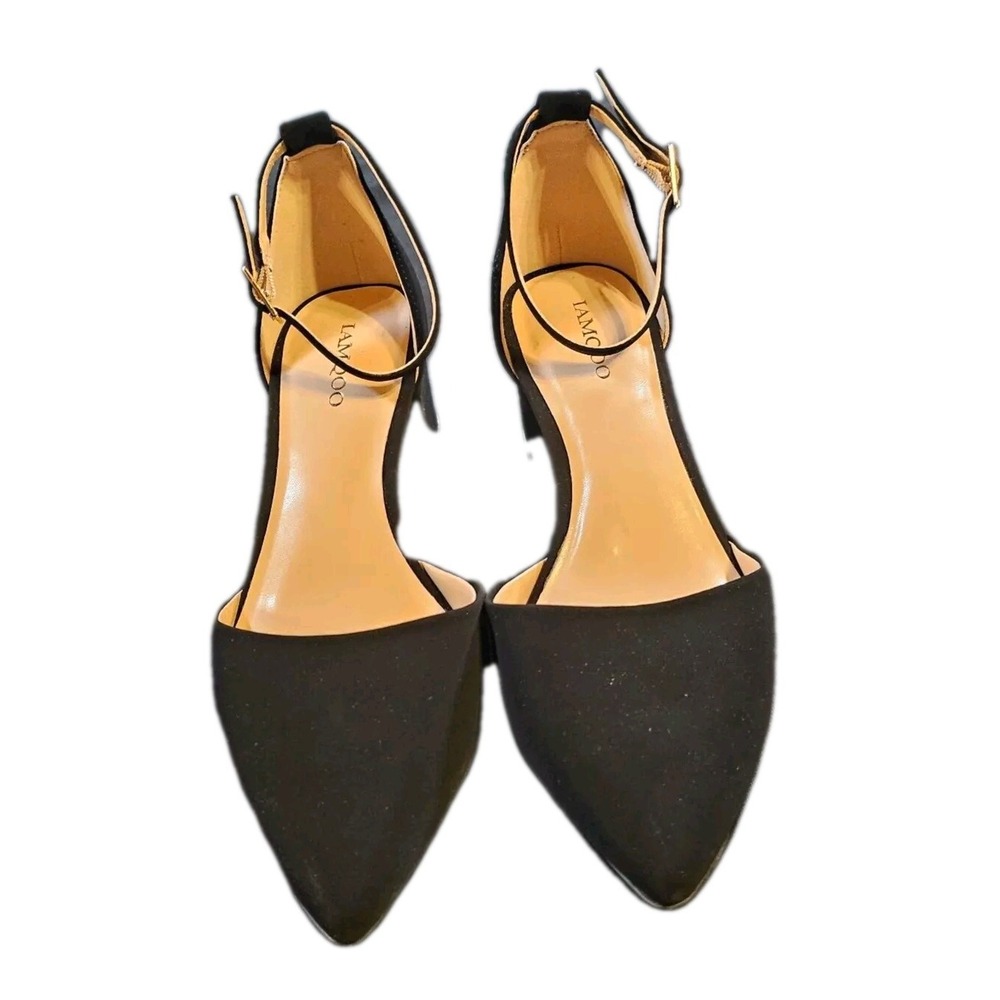 LAMQOO Womens 8.5 Black Velvet Chunky Pointed Toe Gold Accent Ankle Strap Pumps